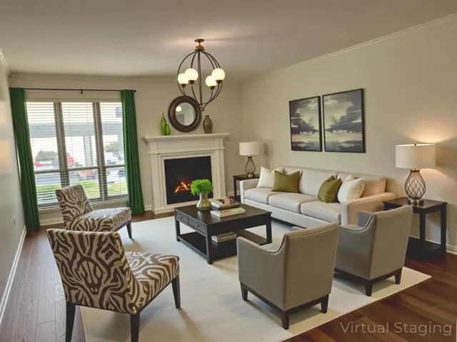 a living room with furniture chandelier and a fireplace