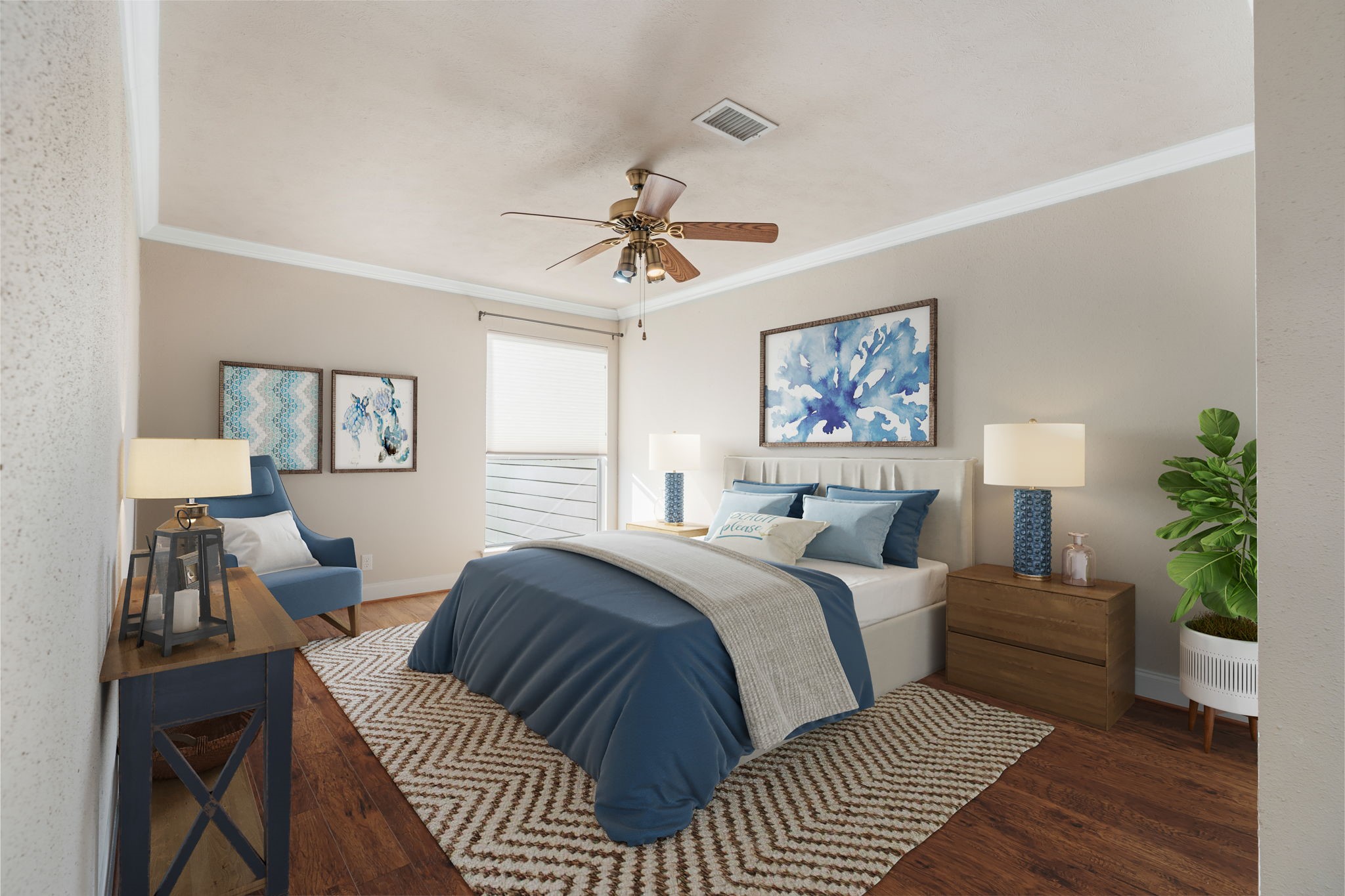 204 Lakeview Terrace, Unit G Conroe, TX 77356 - Photo 4 of 26 a bedroom with a large bed a potted plant and a window