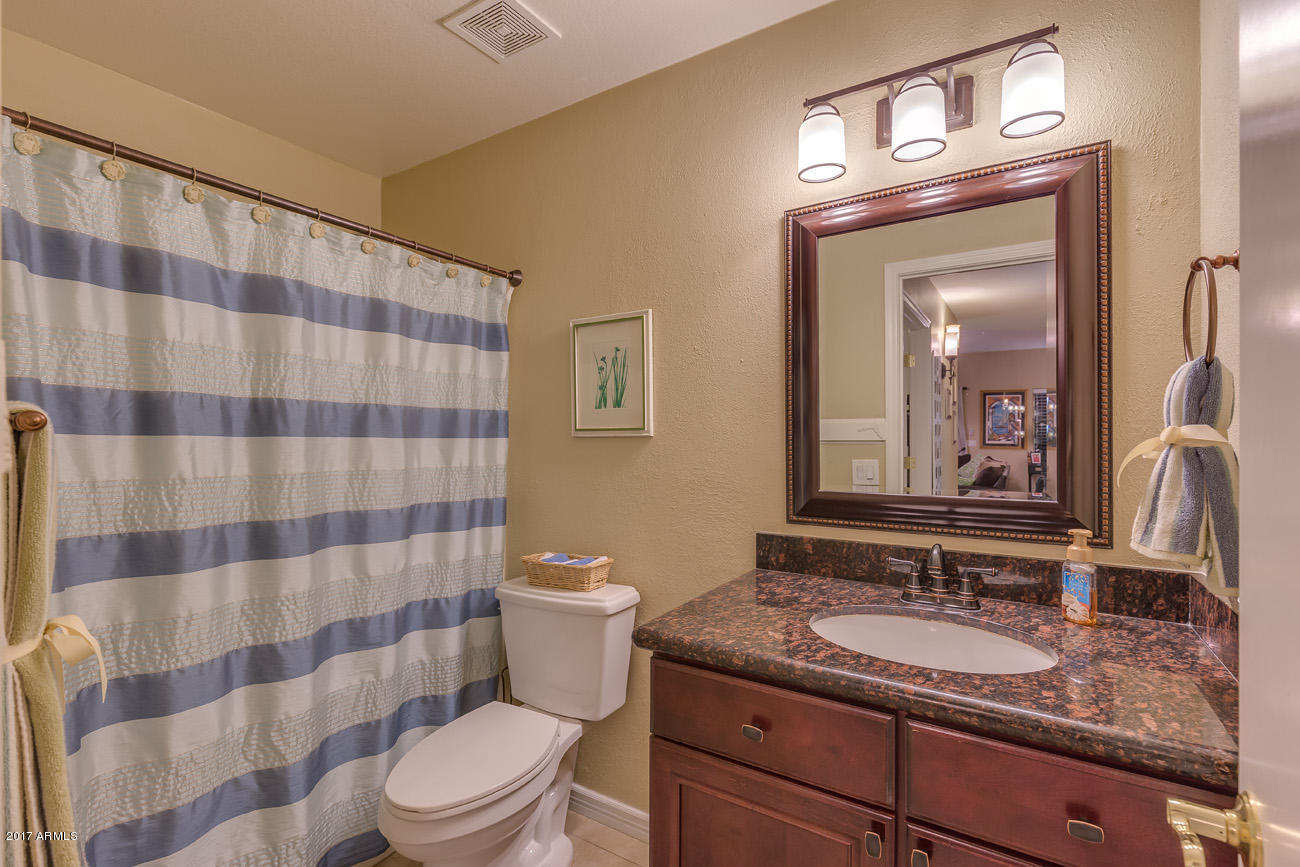 11255 West Piccadilly Road Avondale, AZ 85392 - Photo 27 of 29 a bathroom with a granite countertop sink a toilet a mirror and shower curtain