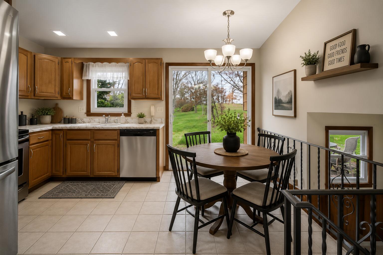 1379 Leeward Road Crown Point, IN 46307 - Photo 10 of 39 a kitchen with stainless steel appliances granite countertop a stove a refrigerator a sink dishwasher a dining table and chairs with wooden floor
