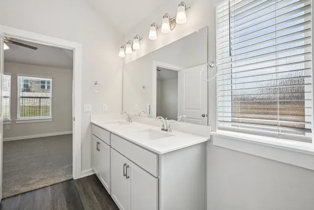 a bathroom with a sink double vanity shower and a mirror