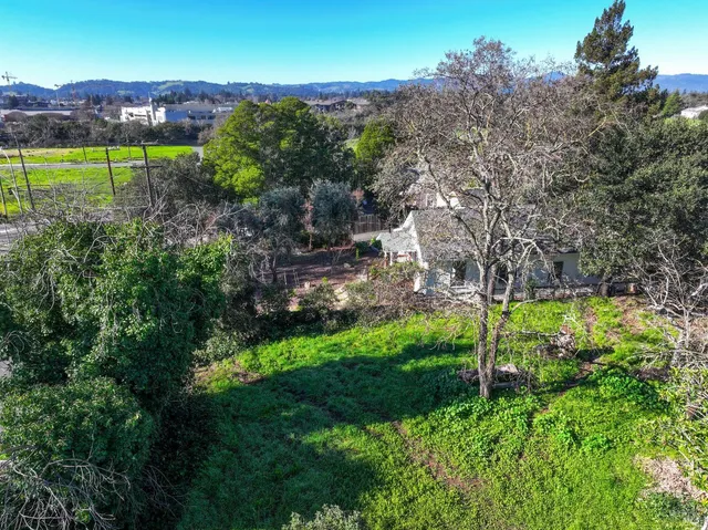 a view of a garden with a building in the background