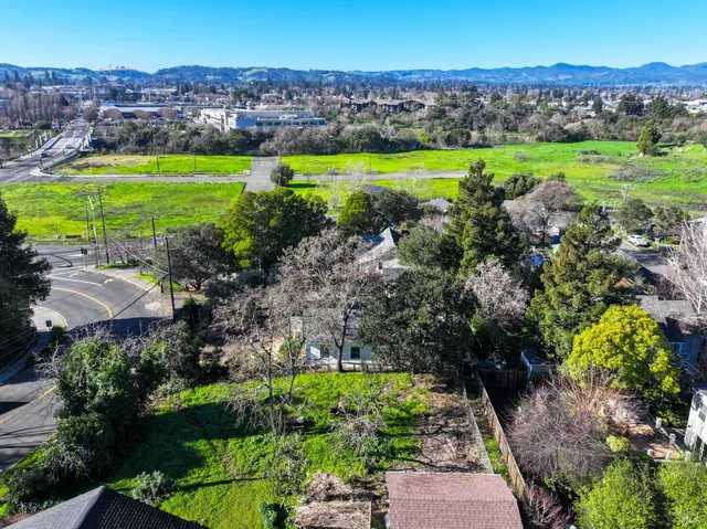 a view of a city with a garden