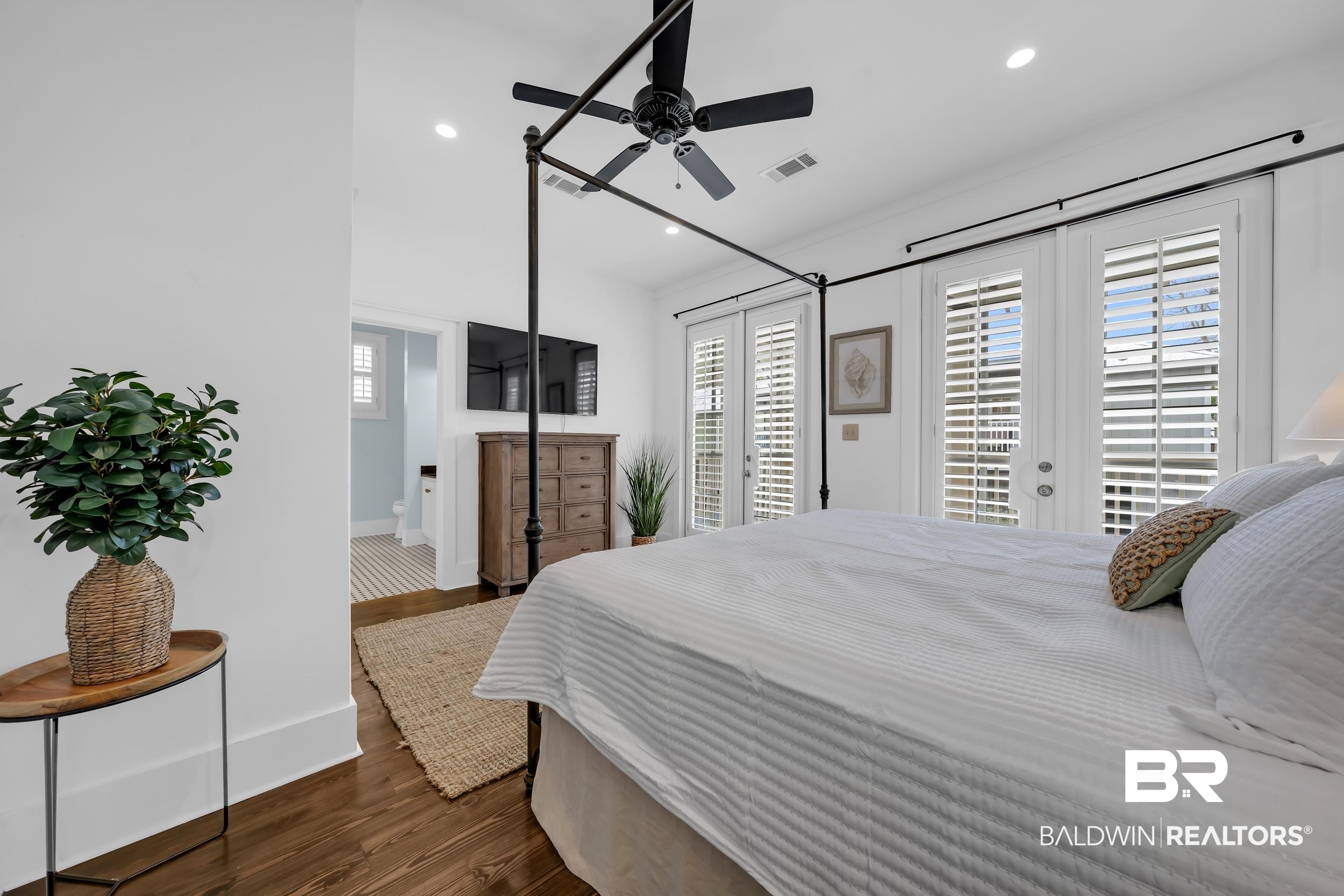 25773 Canal Road, Unit 32 Orange Beach, AL 36561 - Photo 17 of 35 Bedroom featuring dark wood-type flooring, recessed lighting, access to exterior, and ceiling fan