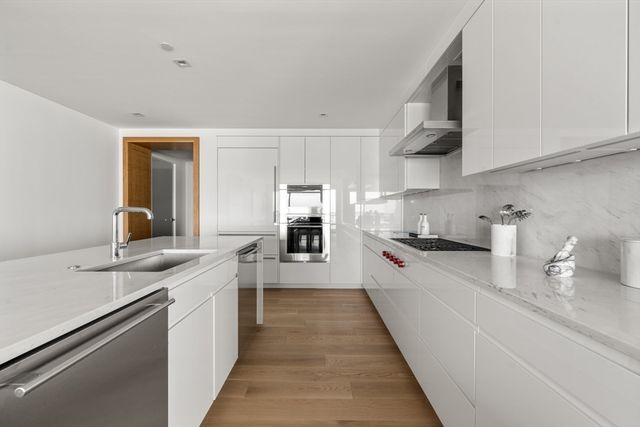 a large kitchen with stainless steel appliances lots of counter space and a sink