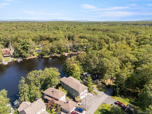 an aerial view of residential houses with outdoor space and river