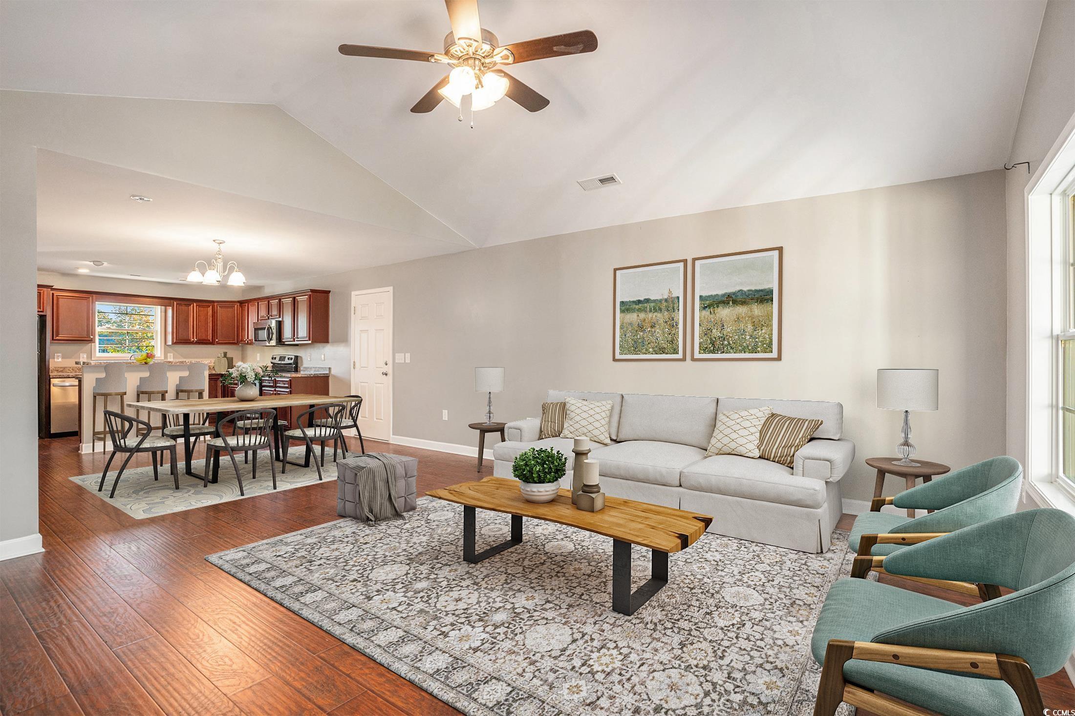 265 Georgia Mae Loop Conway, SC 29527 - Photo 3 of 28 Living room featuring dark wood-style flooring, a chandelier, ceiling fan, and high vaulted ceiling