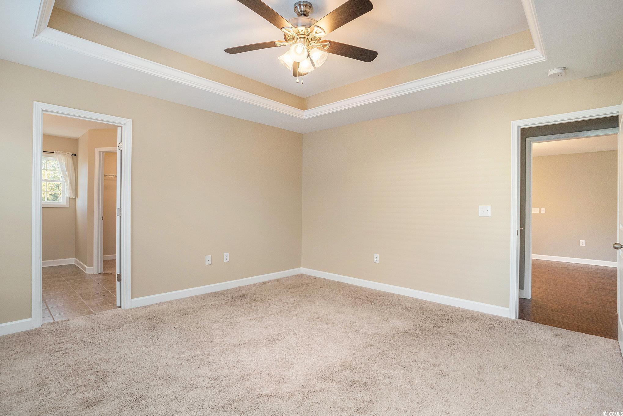 265 Georgia Mae Loop Conway, SC 29527 - Photo 7 of 28 Primary bedroom with a raised ceiling, light colored carpet, and ceiling fan