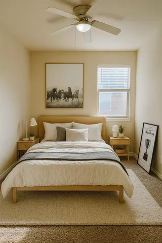 a spacious bedroom with a bed and a window