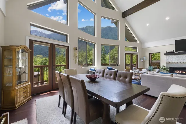 a view of a dining room with furniture window and outside view
