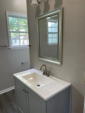 a bathroom with a sink and a mirror