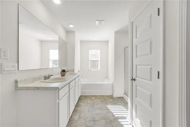 a bathroom with a double vanity sink a mirror and a bathtub