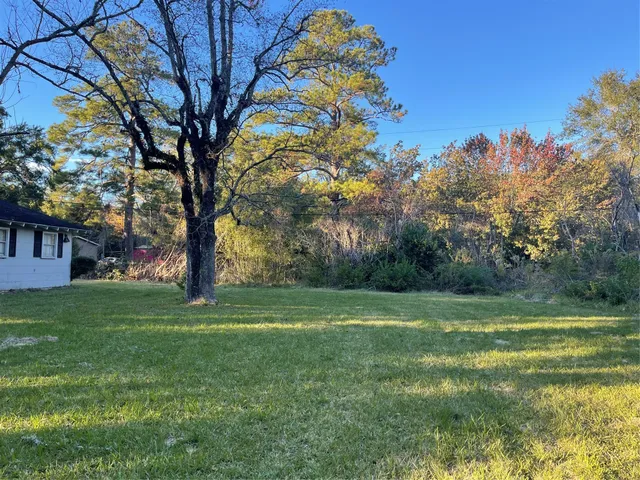 a view of a field with an trees