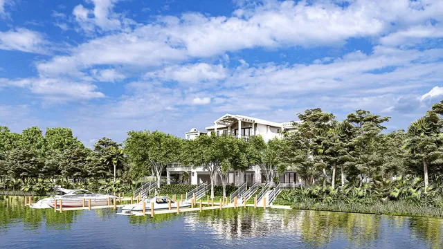 a view of a lake with a building in the background