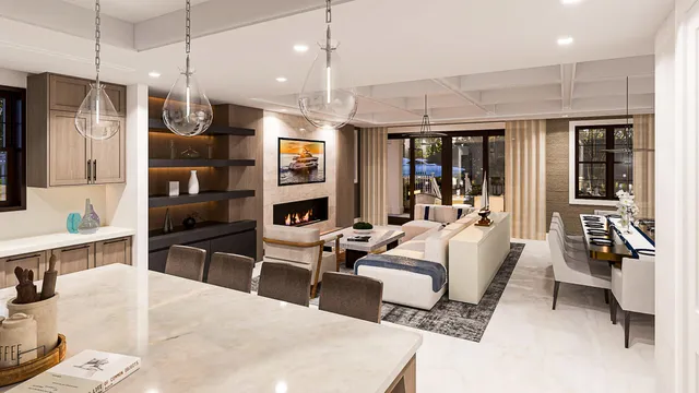 a living room with furniture a flat screen tv and large window