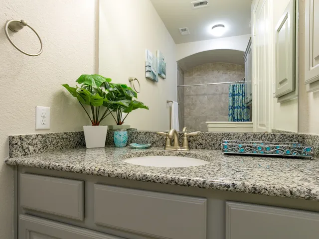 a bathroom with sink and mirror