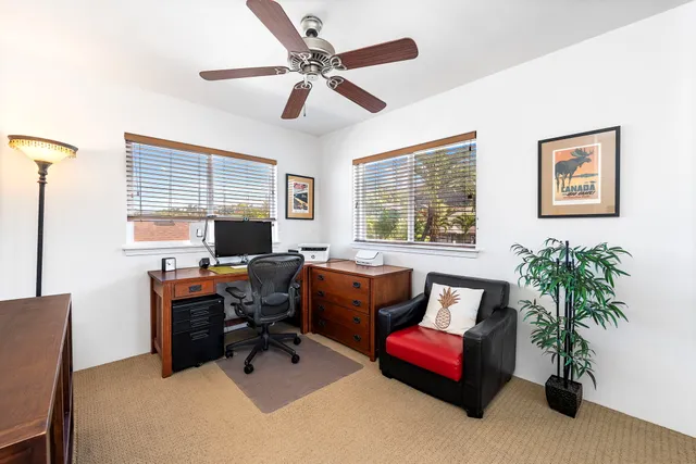 a workspace with a couch and a potted plant