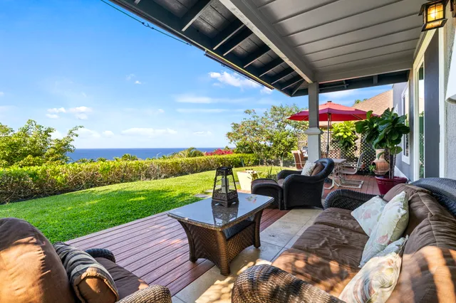 a view of a patio with couches potted plants and a big yard