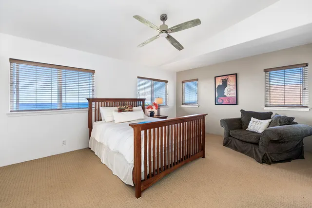 a bedroom with a bed and a couch