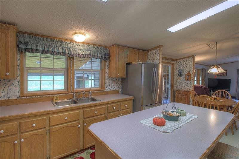 Kitchen looks into the back yard.