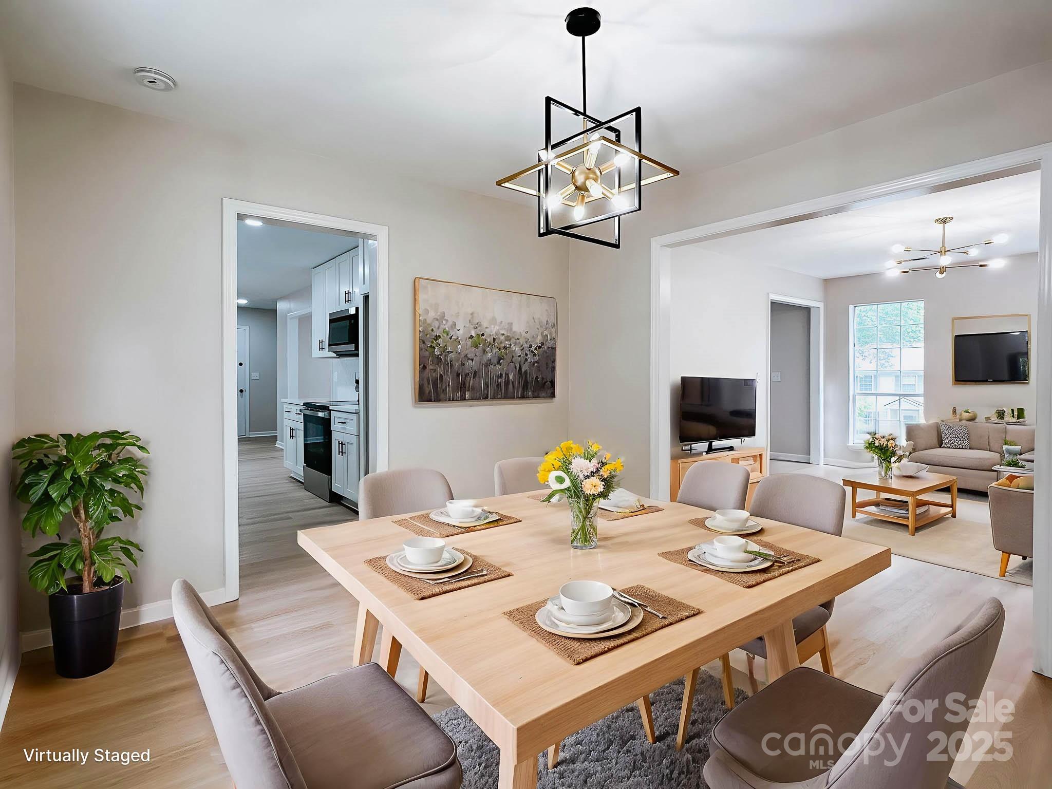 2105 Killarney Place Charlotte, NC 28262 - Photo 17 of 43 a view of a dining room with furniture a chandelier and wooden floor