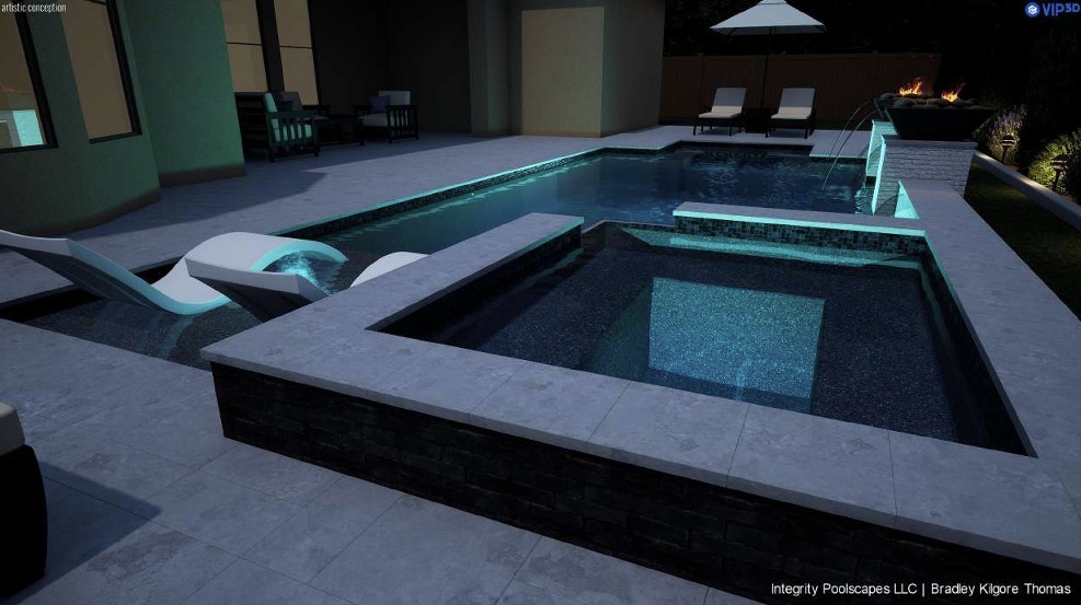 28226 South Firethorne Road Katy, TX 77494 - Photo 34 of 42 Conceptual rendering of a possible backyard enhancement. The pool, water features, landscaping, furnishings, and outdoor elements depicted are proposed design concepts and are not currently present on the property.