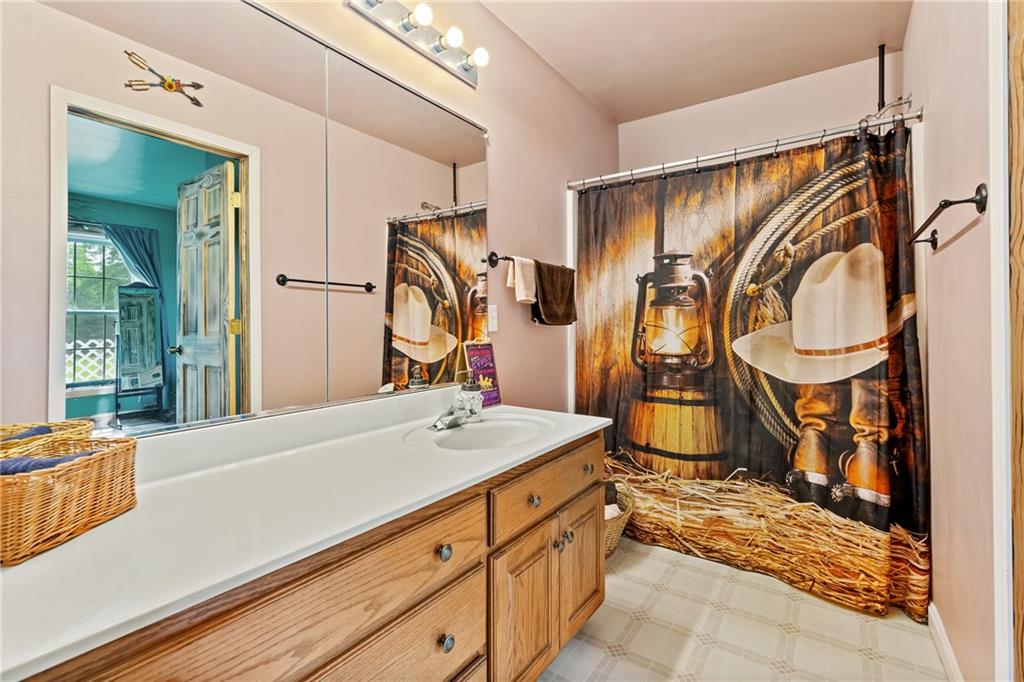 328 Lyons Road Stoneboro, PA 16153 - Photo 11 of 25 a bathroom with a sink a mirror and a shower