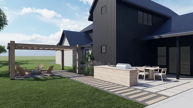 a view of a patio with table and chairs a barbeque grill with wooden fence