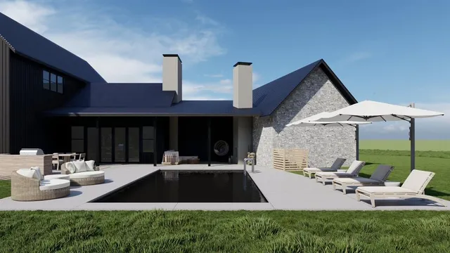 a front view of house with yard patio and outdoor seating