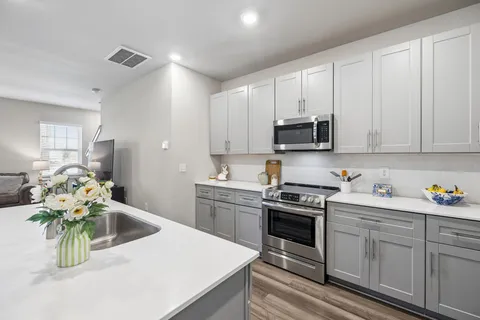 a kitchen with a sink white cabinets and stainless steel appliances