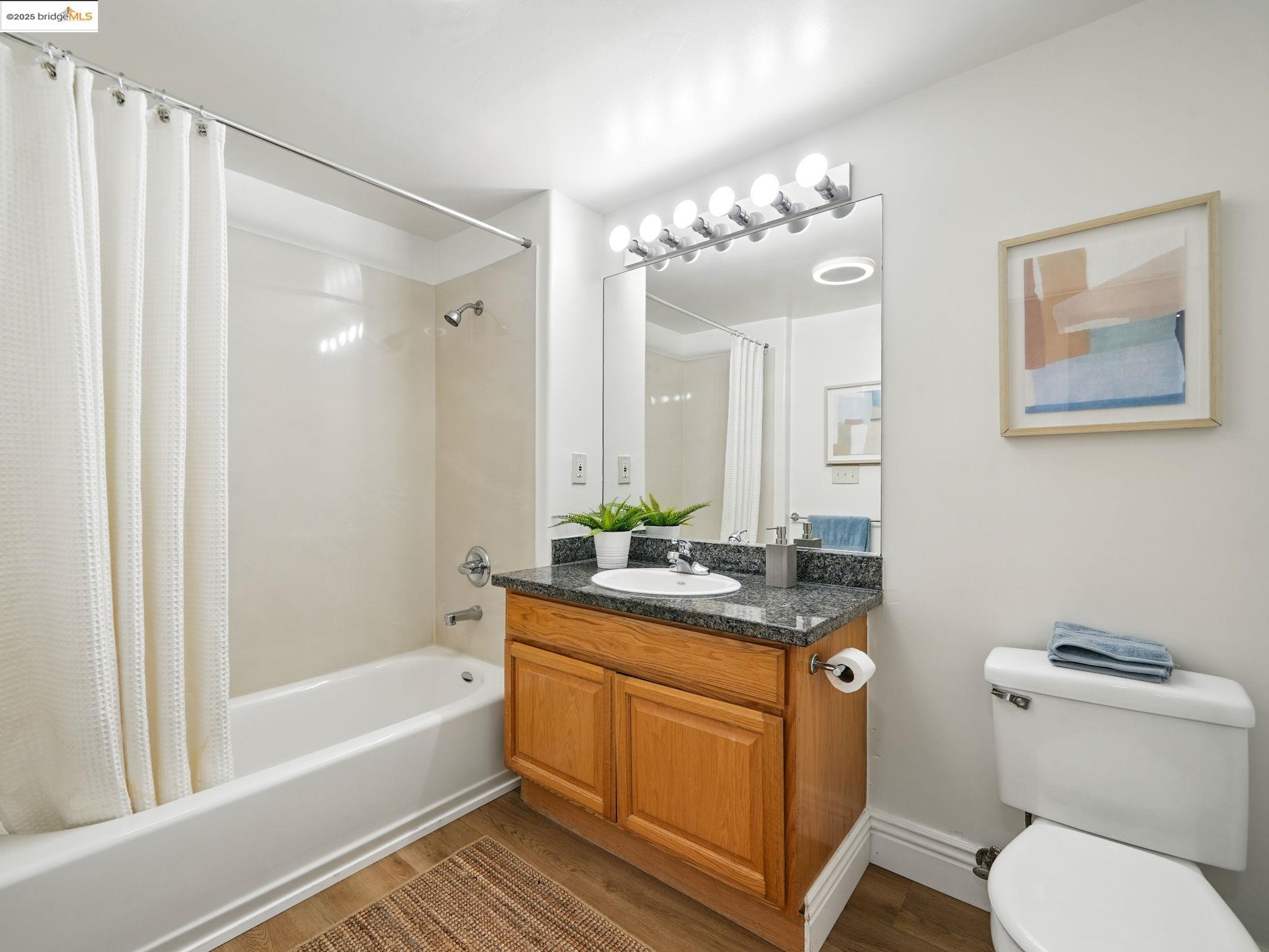 1515 14th Avenue, Unit 201 Oakland, CA 94606 - Photo 17 of 23 a bathroom with a granite countertop sink a toilet a mirror a vanity a bathtub and shower
