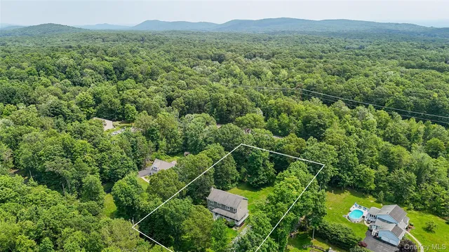a view of a lush green forest with a house