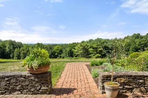 a view of a patio with table and chairs potted plants and large tree