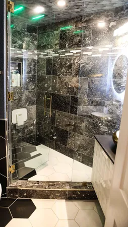 a bathroom with a sink and a mirror