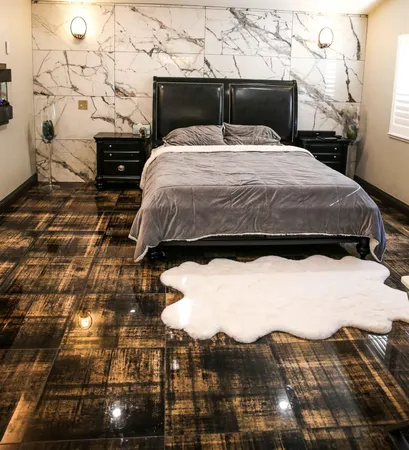 a view of a patio with a table chairs and a backyard