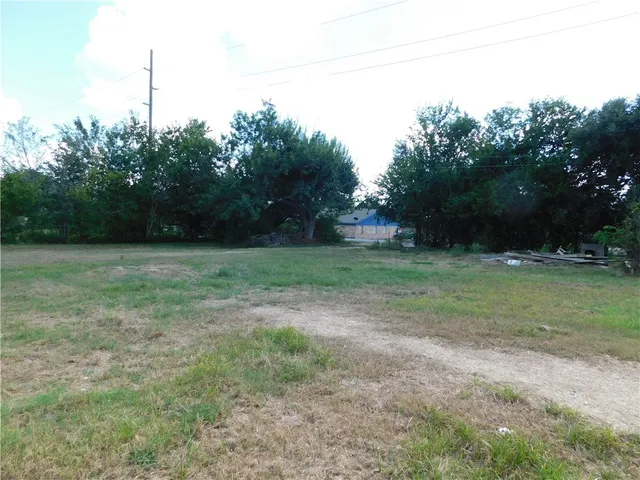 a view of a field with trees in background