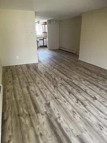 a view of empty room with wooden floor