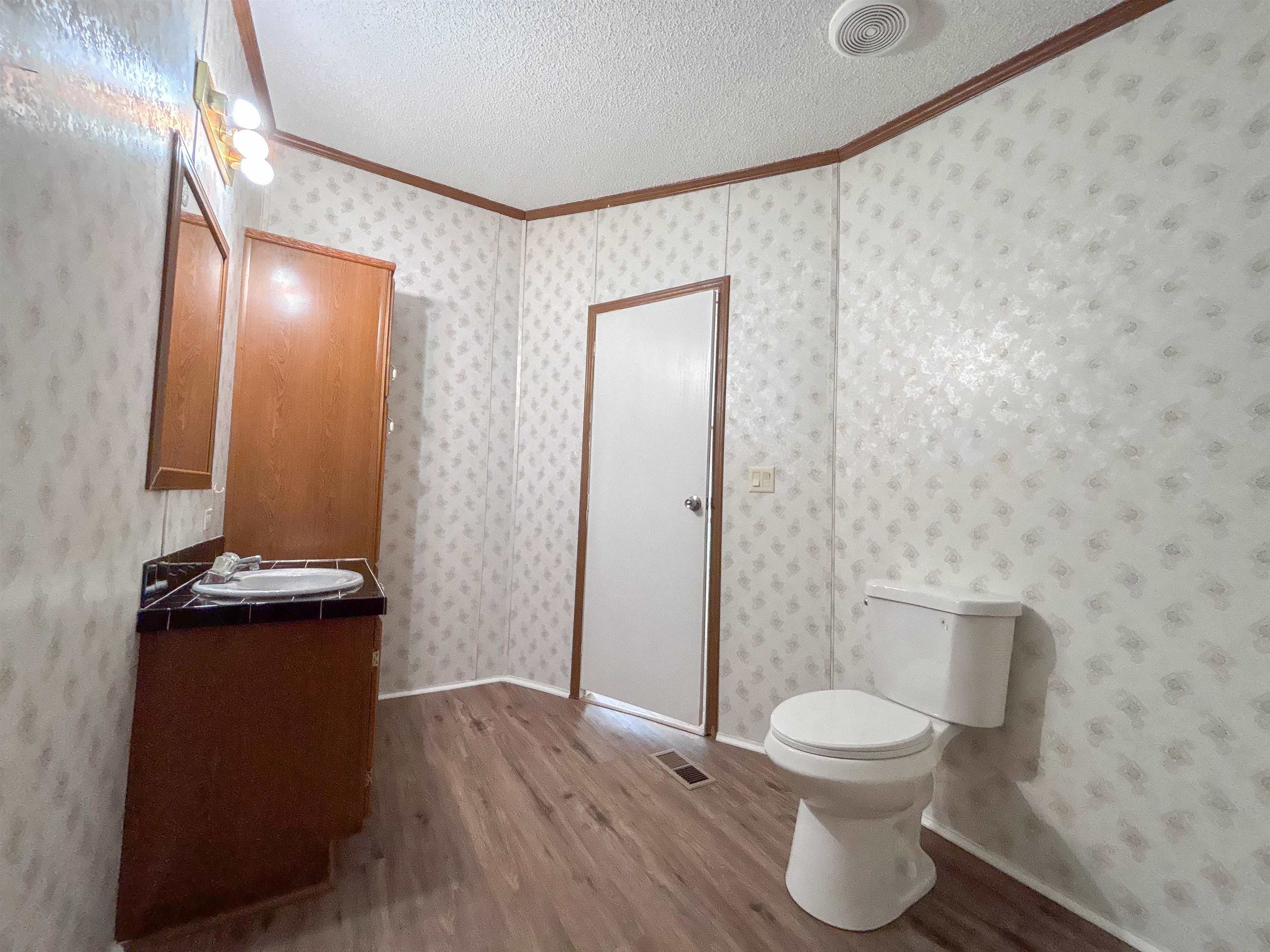 2847 Holly Grove Road Covington, TN 38019 - Photo 21 of 36 Bathroom featuring wood-finish flooring, a white toilet, and a vanity with an integrated sink