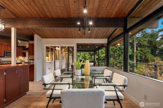 a view of a dining room with furniture