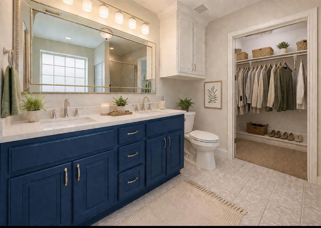 142 Tomahawk Drive Waco, TX 76705 - Photo 7 of 14 a en suite bathroom with a granite countertop toilet sink and mirror
