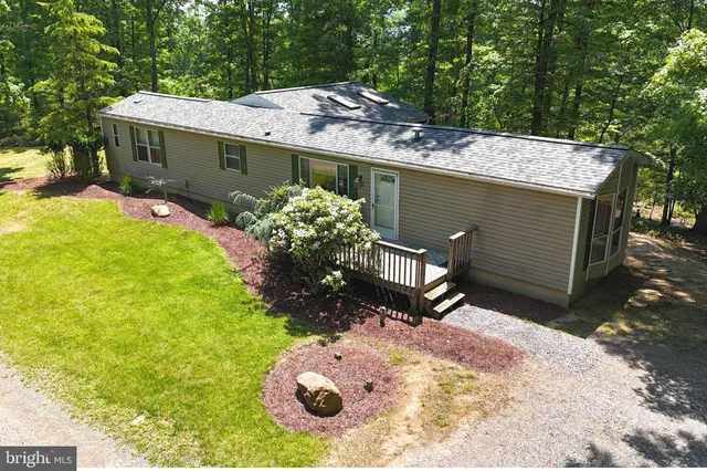 a view of a backyard with large trees and wooden fence