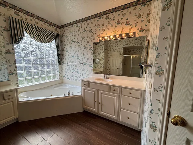 a bathroom with a bathtub sink and mirror