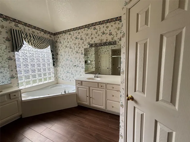 a bathroom with a bathtub sink and mirror