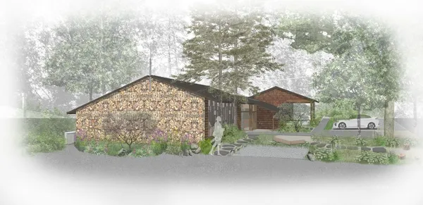 a living room with a bed and large window