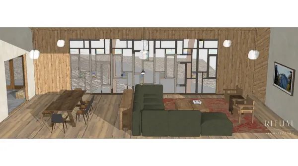 a view of a living room and bathroom