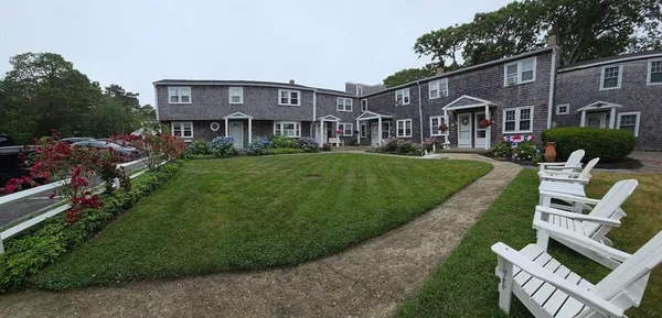 a view of a house with a big yard potted plants and large tree