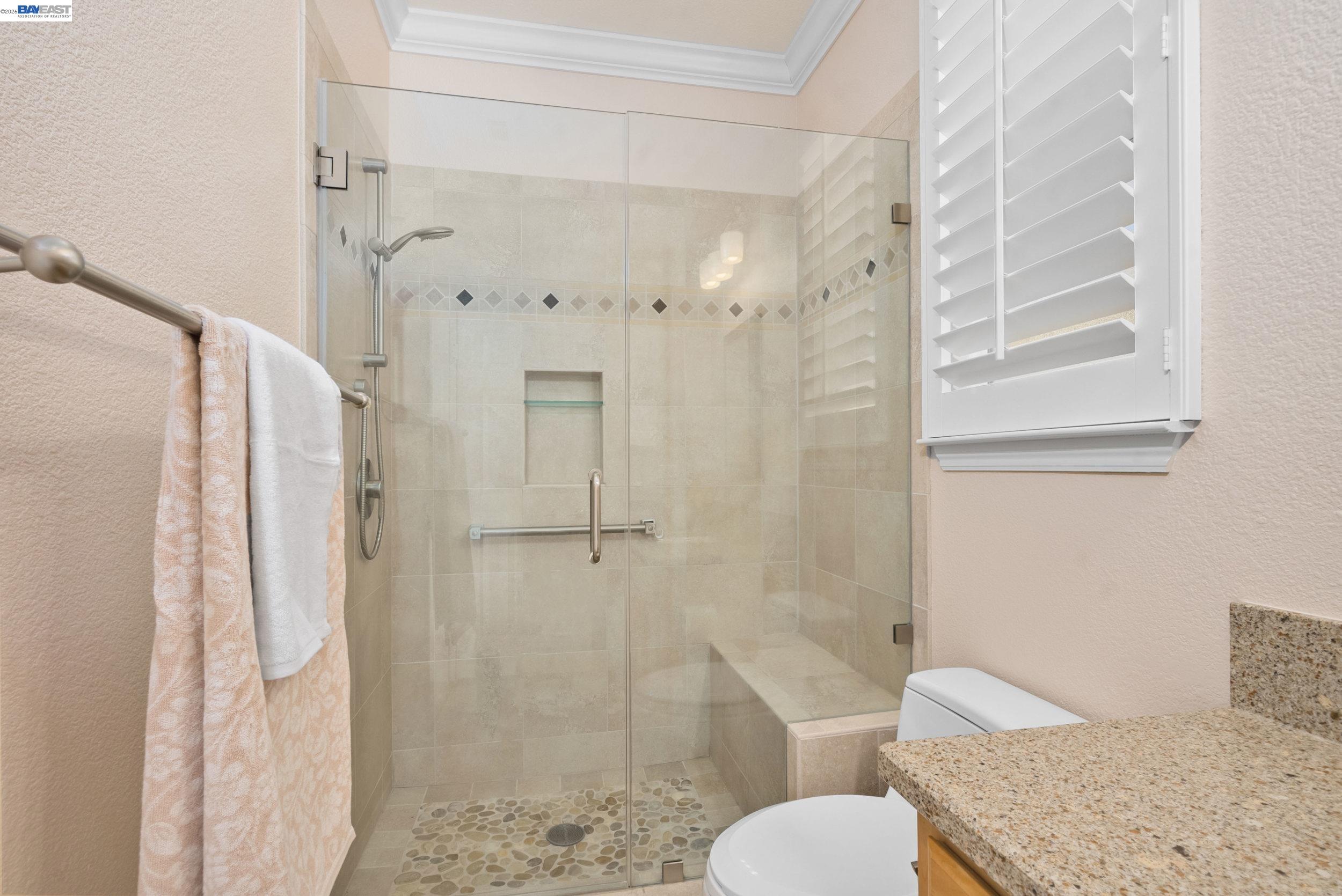 4717 Chestnut Court Dublin, CA 94568 - Photo 51 of 60 a bathroom with a granite countertop shower bathtub and toilet