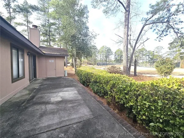 a view of a yard with plants and trees