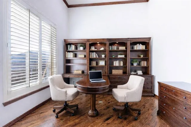 a work room with furniture and a potted plant
