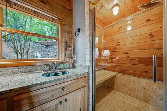 a bathroom with a granite countertop sink and mirror